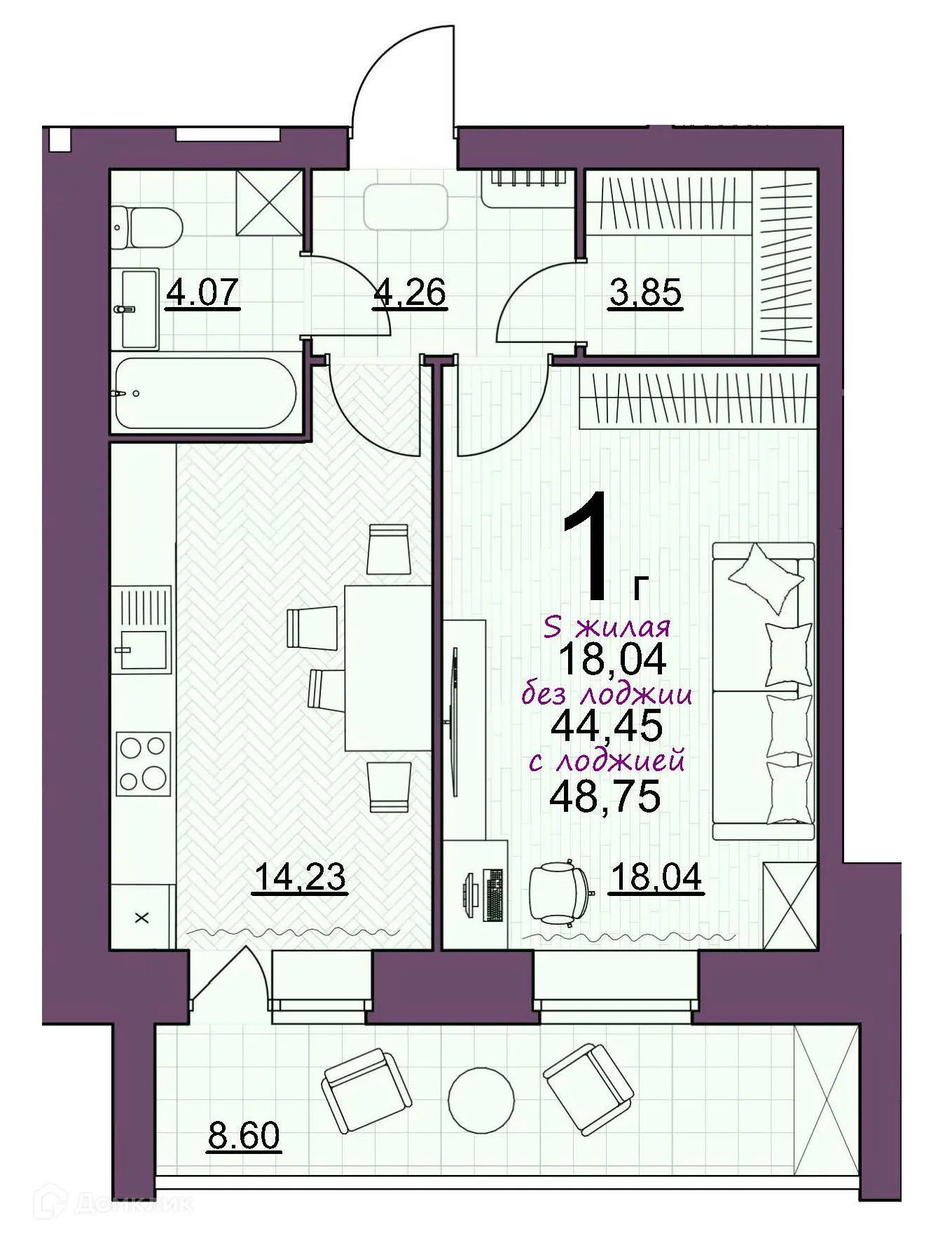 Планировка 1-комнатной квартиры 48.75 м² в ЖК Дом по ул Шашина, г. Октябрьский — фото 1