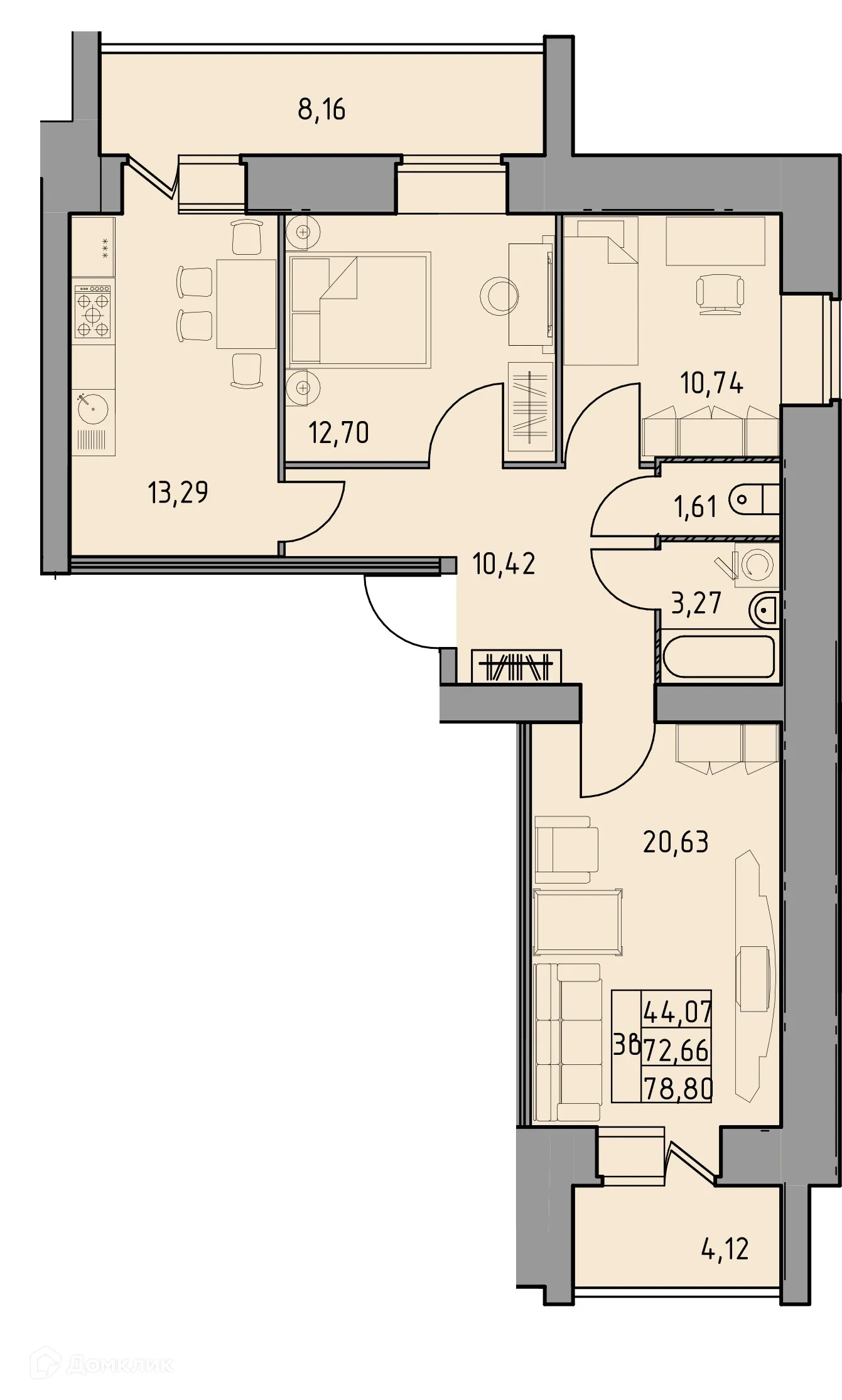 Планировка 3-комнатной квартиры 78.8 м² в ЖК Дом по ул Шашина 26, г. Октябрьский — фото 1
