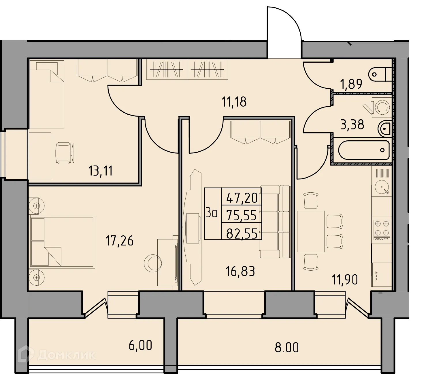 Планировка 3-комнатной квартиры 82.55 м² в ЖК Дом по ул Шашина 26, г. Октябрьский — фото 1