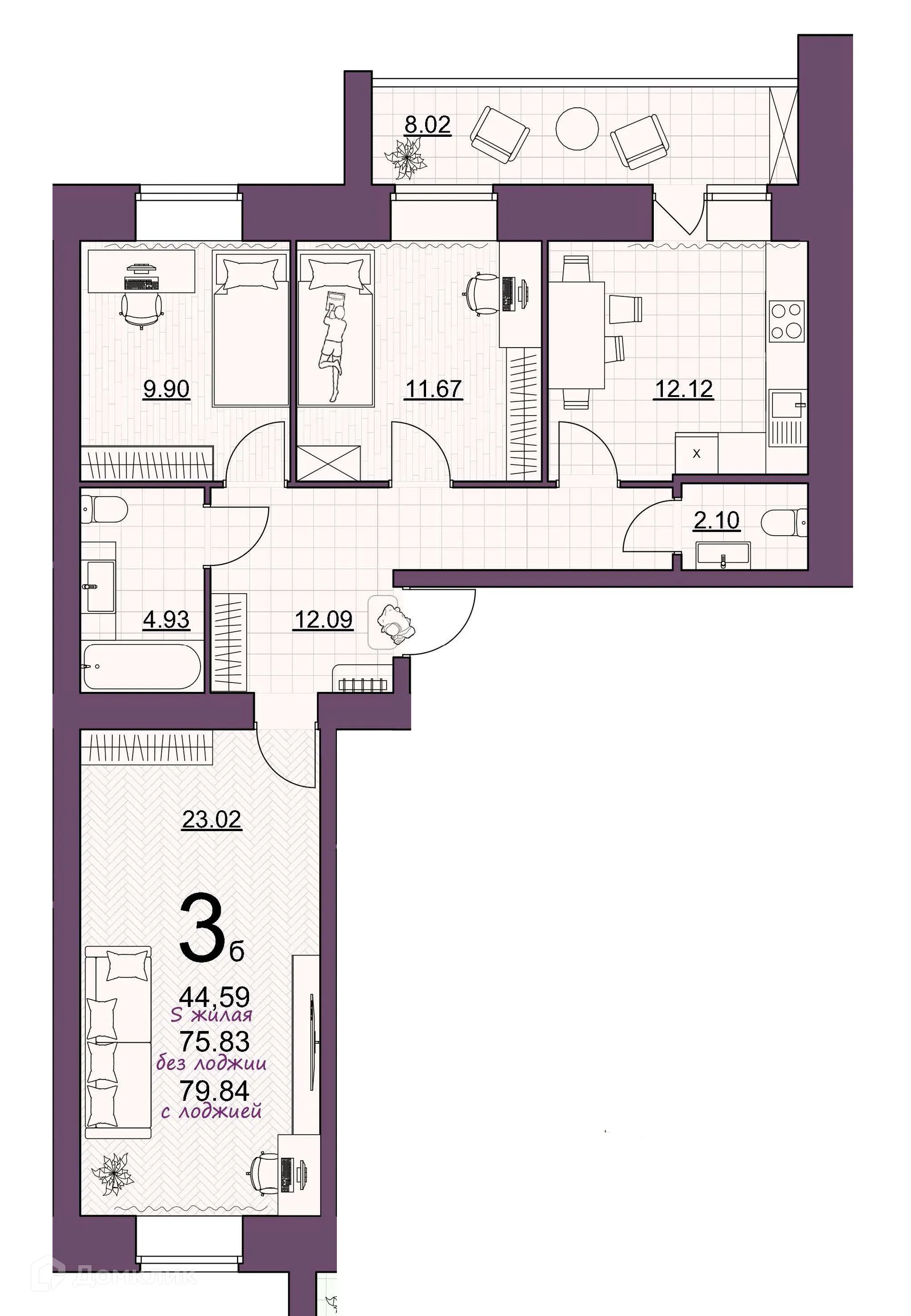 Планировка 3-комнатной квартиры 79.84 м² в ЖК Дом по ул Шашина, г. Октябрьский — фото 1