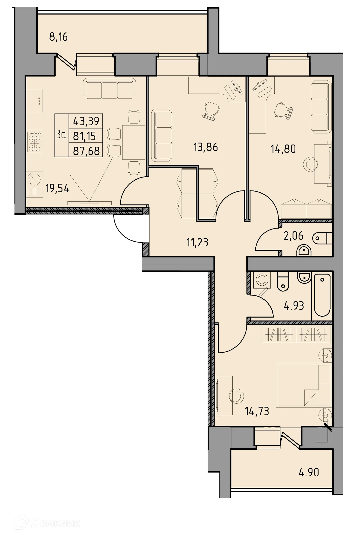Планировка 3-комнатной квартиры 87.68 м² в ЖК Дом по ул Шашина 26, г. Октябрьский — фото 1