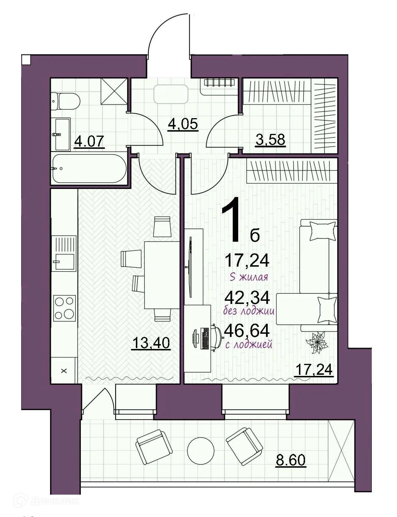 Планировка 1-комнатной квартиры 46.64 м² в ЖК Дом по ул Шашина, г. Октябрьский — фото 1
