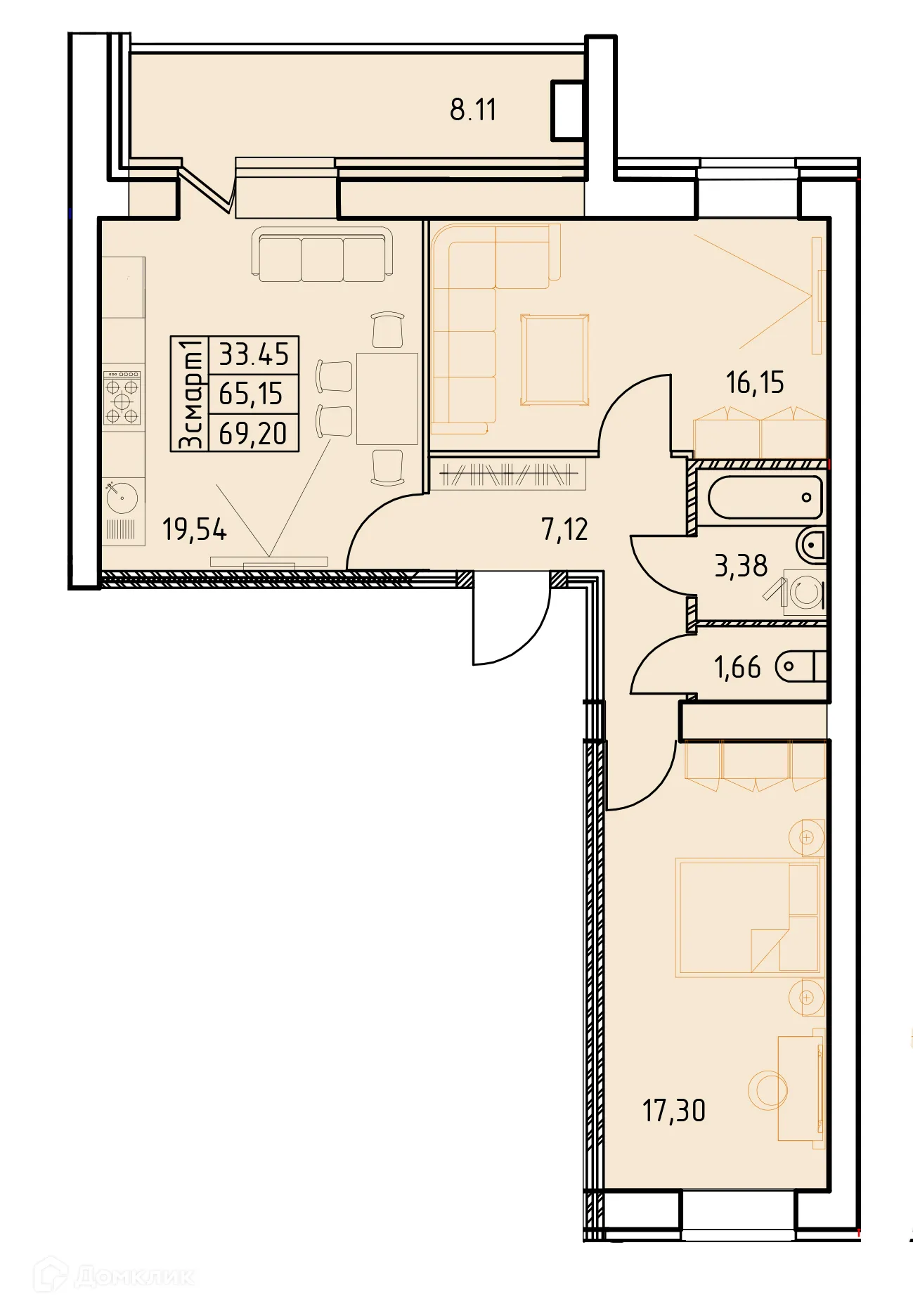 Планировка 3-комнатной квартиры 69.2 м² в ЖК Дом на Московском проспекте, г. Октябрьский — фото 1