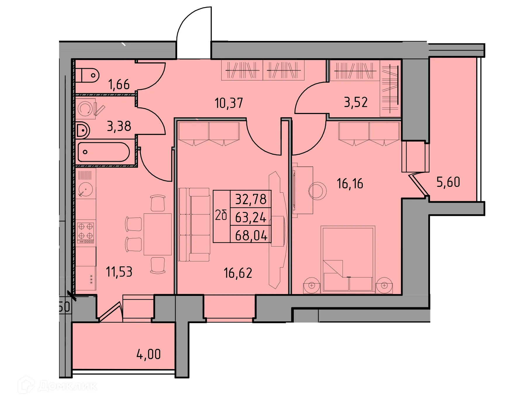 Планировка 2-комнатной квартиры 68.04 м² в ЖК Дом по ул Шашина 26, г. Октябрьский — фото 1