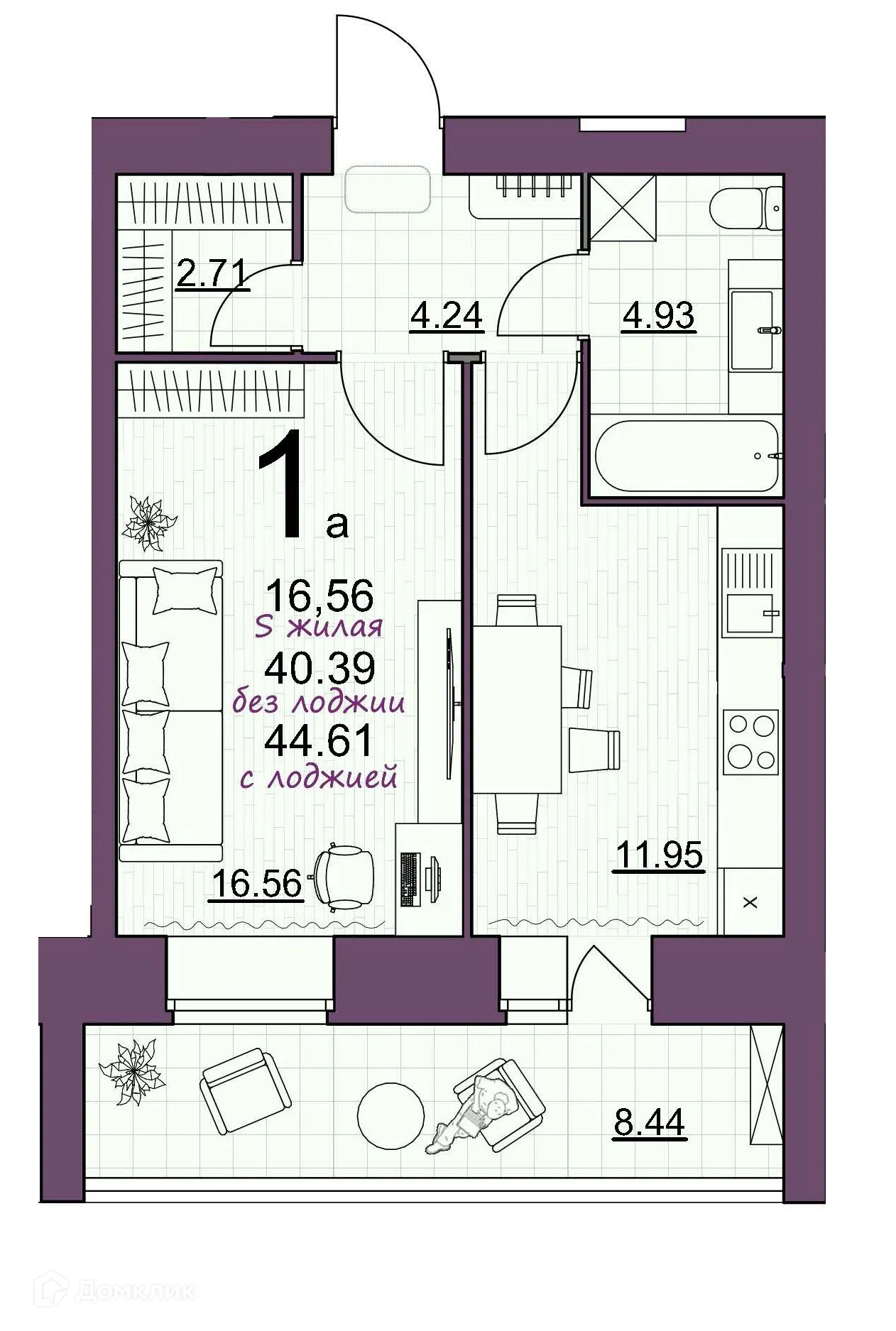 Планировка 1-комнатной квартиры 44.61 м² в ЖК Дом по ул Шашина, г. Октябрьский — фото 1