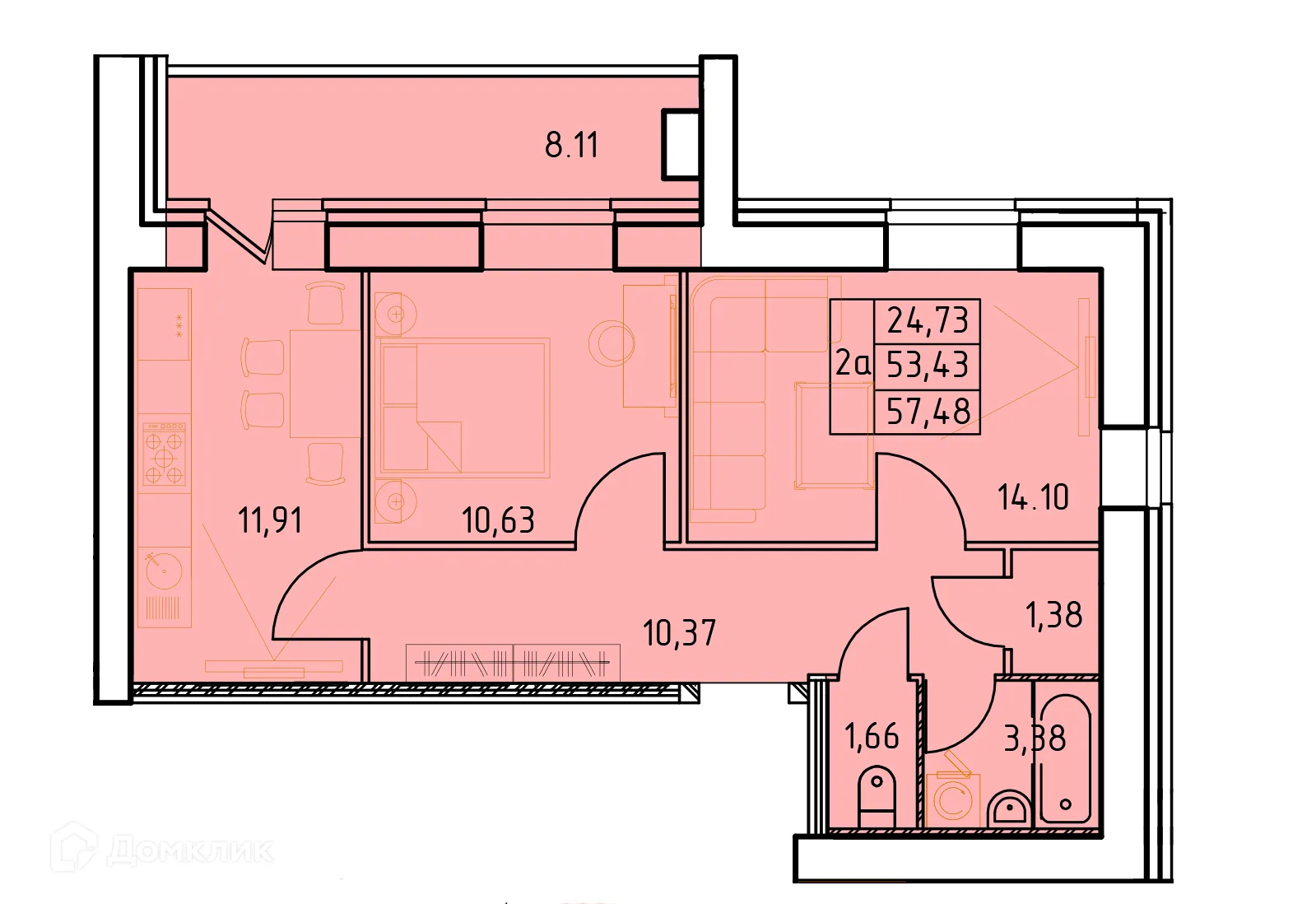 Планировка 2-комнатной квартиры 57.48 м² в ЖК Дом на Московском проспекте, г. Октябрьский — фото 1