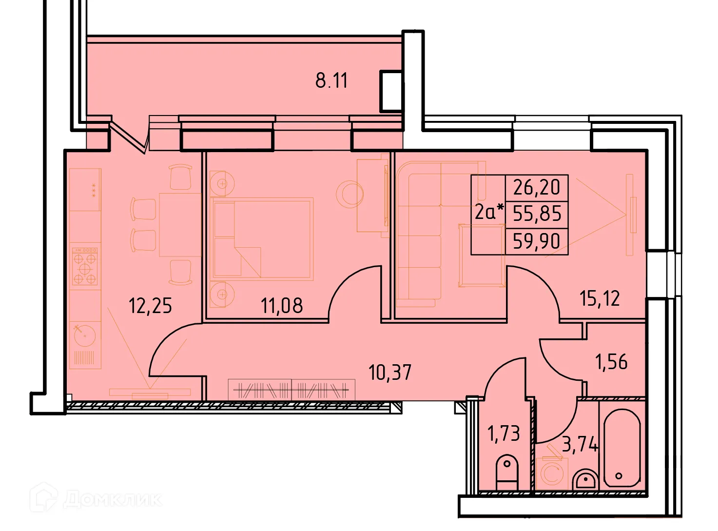 Планировка 2-комнатной квартиры 59.9 м² в ЖК Дом на Московском проспекте, г. Октябрьский — фото 1