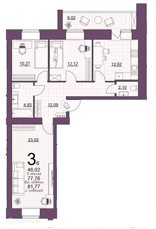 Планировка 3-комнатной квартиры 81.77 м² в ЖК Дом по ул Шашина, г. Октябрьский — фото 1