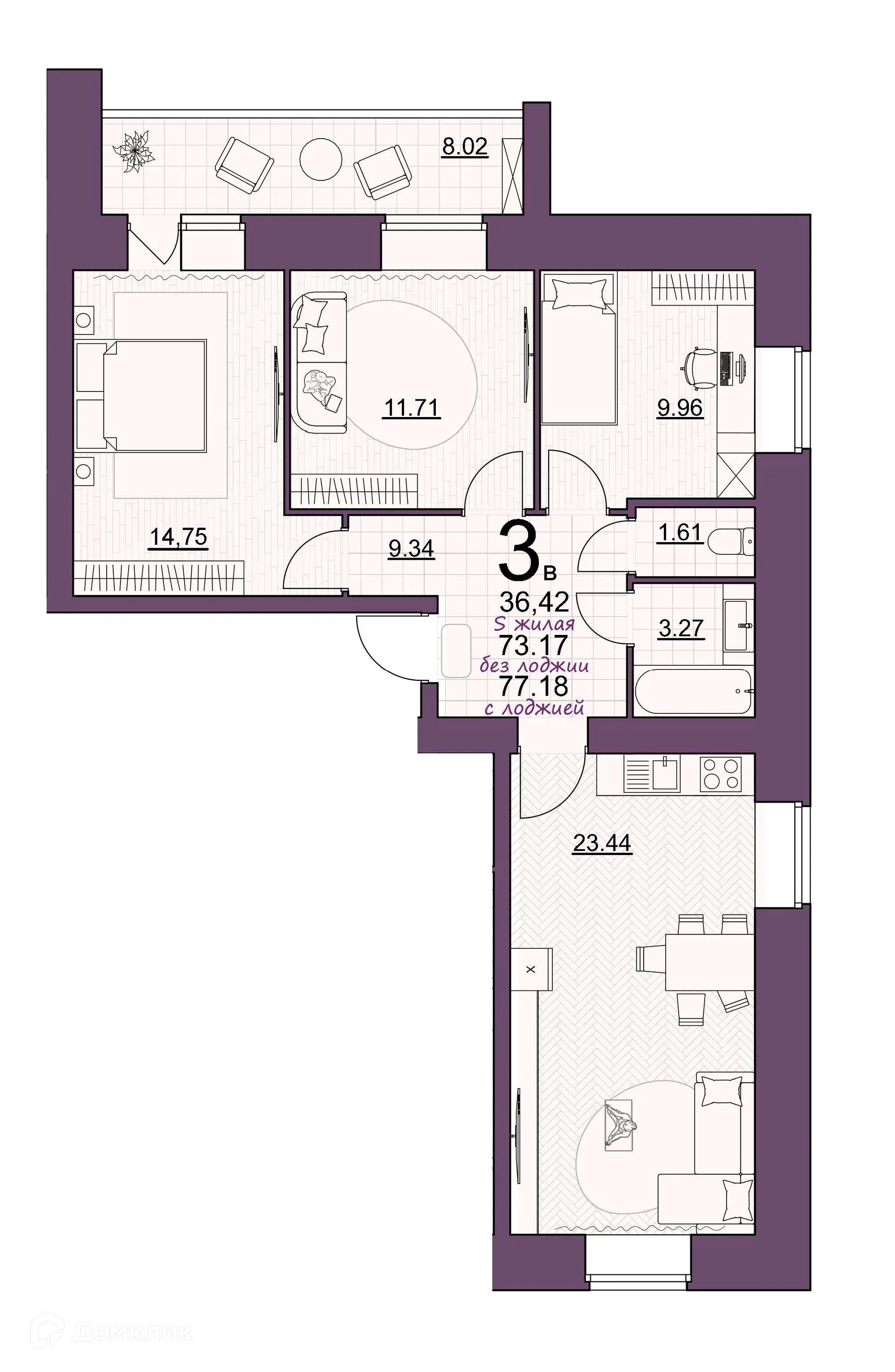 Планировка 3-комнатной квартиры 77.18 м² в ЖК Дом по ул Шашина, г. Октябрьский — фото 1