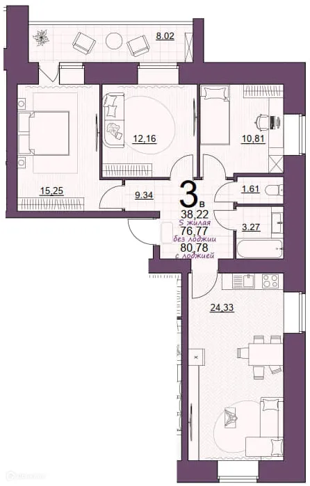 Планировка 3-комнатной квартиры 80.78 м² в ЖК Дом по ул Шашина, г. Октябрьский — фото 1