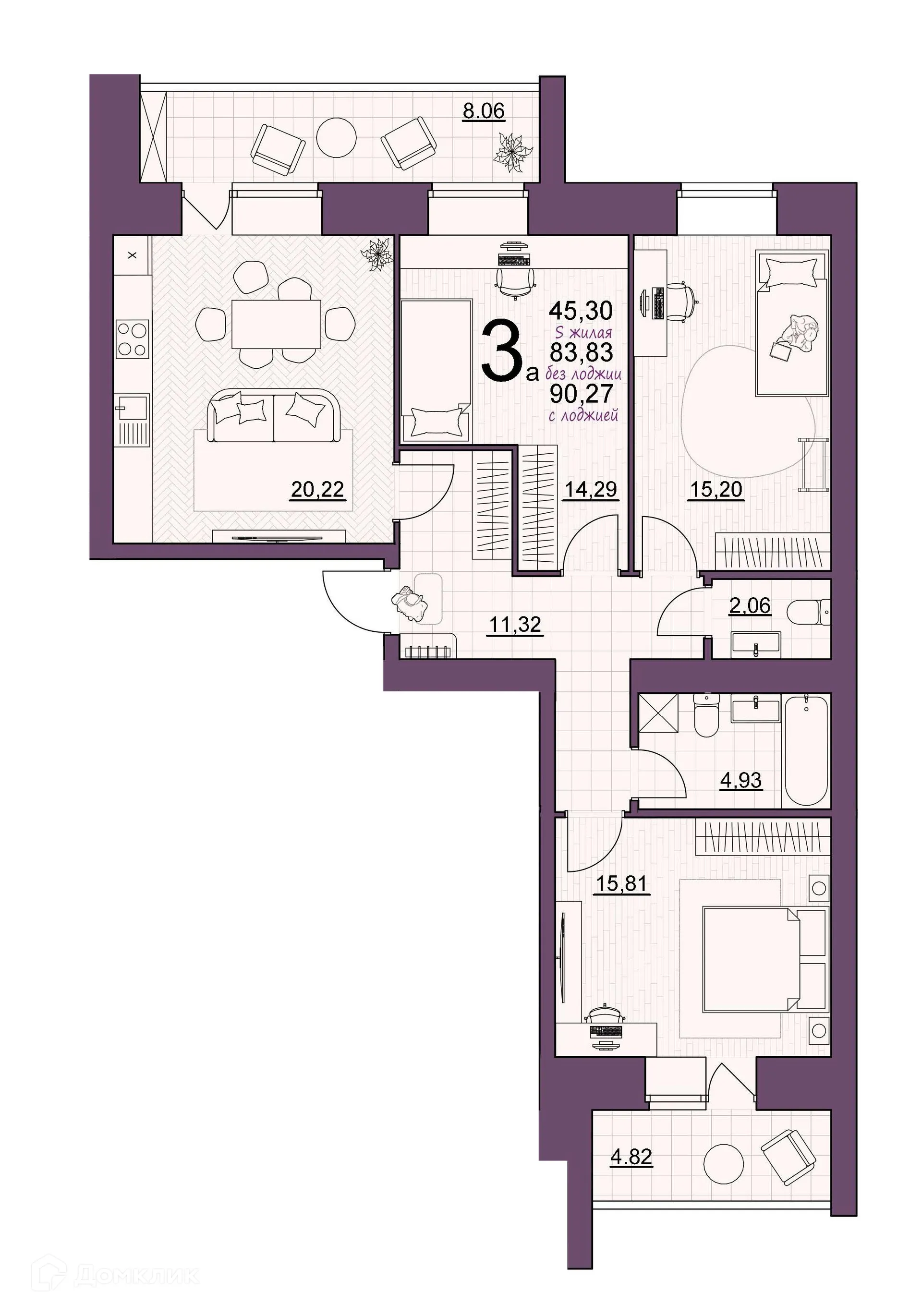 Планировка 3-комнатной квартиры 90.27 м² в ЖК Дом по ул Шашина, г. Октябрьский — фото 1