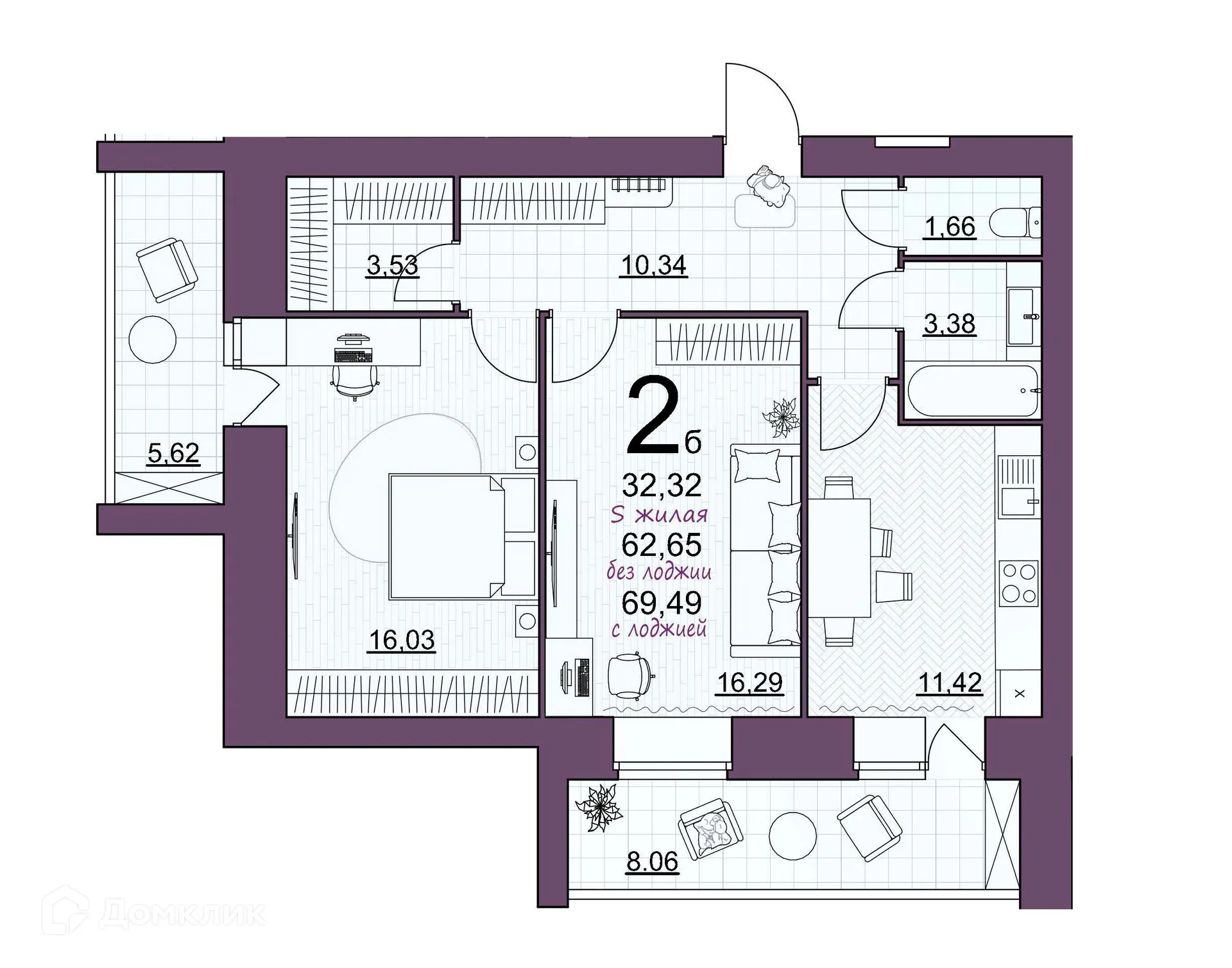 Планировка 2-комнатной квартиры 69.49 м² в ЖК Дом по ул Шашина, г. Октябрьский — фото 1