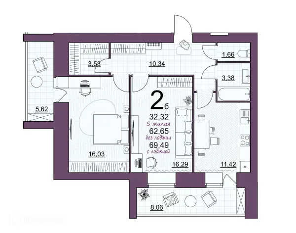 Планировка 2 комн. в ЖК Дом по ул Шашина