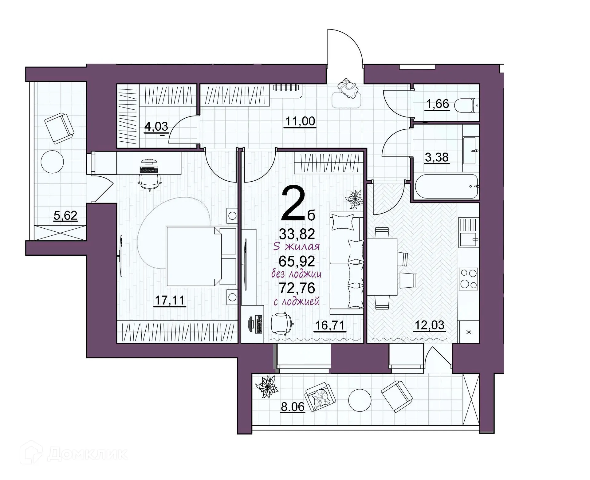 Планировка 2-комнатной квартиры 72.76 м² в ЖК Дом по ул Шашина, г. Октябрьский — фото 1