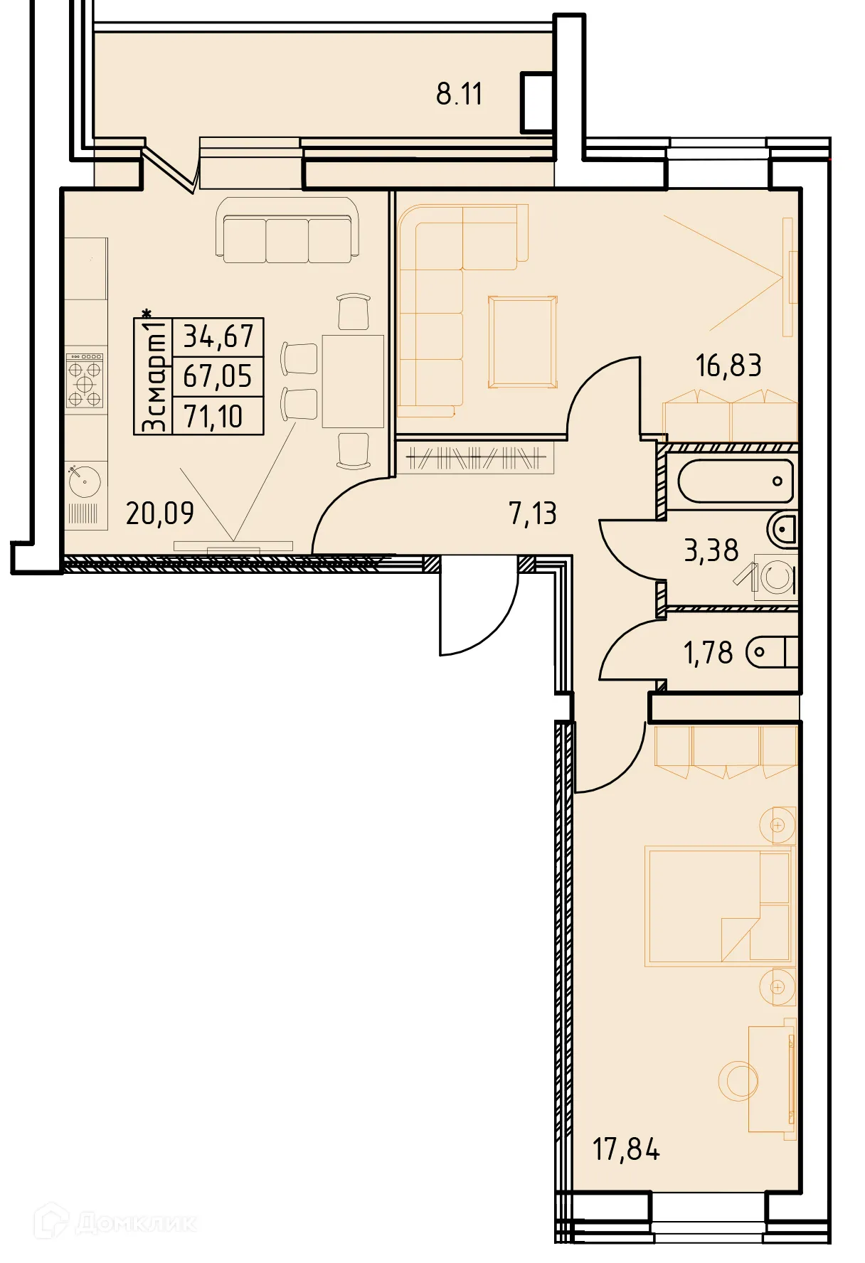 Планировка 3-комнатной квартиры 71.1 м² в ЖК Дом на Московском проспекте, г. Октябрьский — фото 1