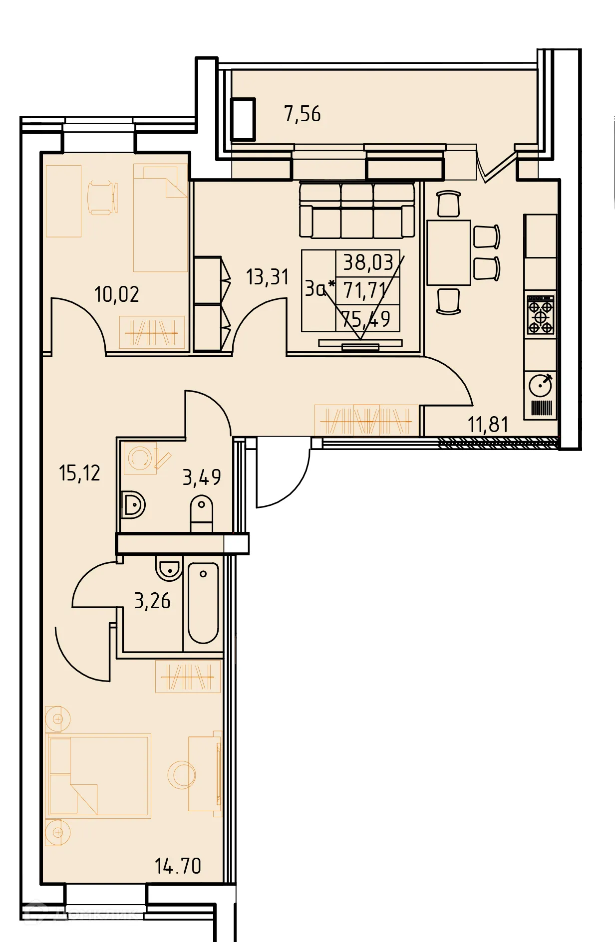 Планировка 3-комнатной квартиры 75.49 м² в ЖК Дом на Московском проспекте, г. Октябрьский — фото 1