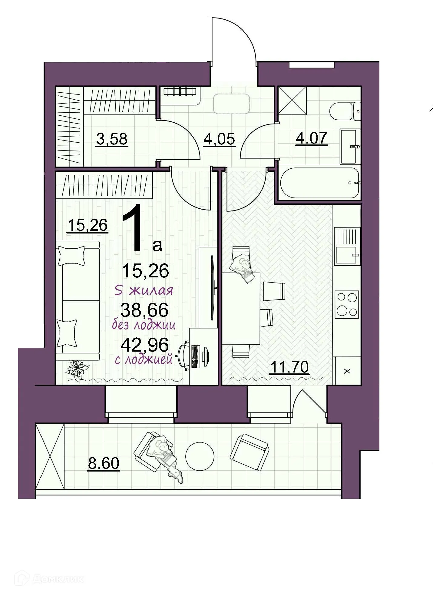 Планировка 1-комнатной квартиры 42.96 м² в ЖК Дом по ул Шашина, г. Октябрьский — фото 1