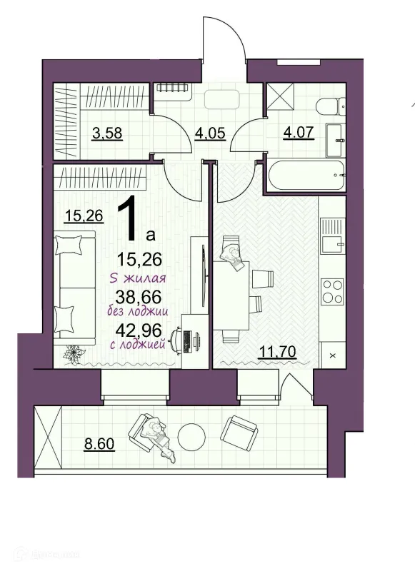 Планировка 1 комн. в ЖК Дом по ул Шашина