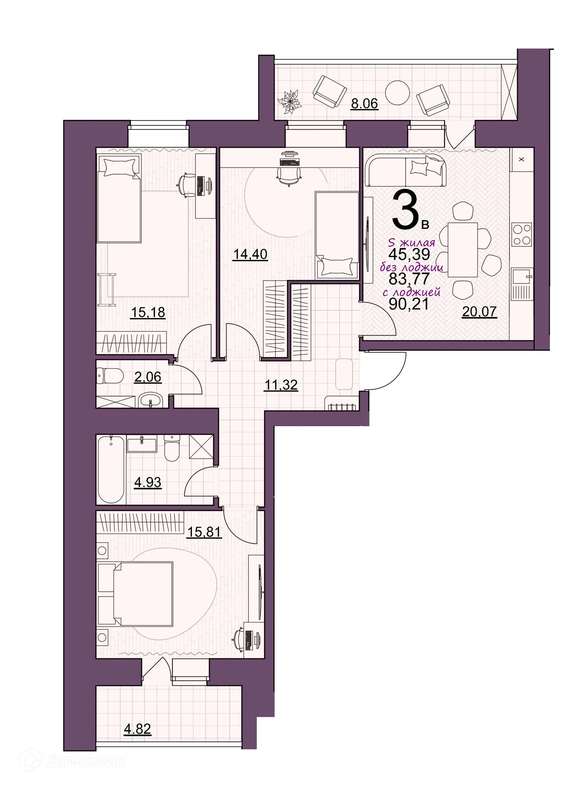 Планировка 3-комнатной квартиры 90.21 м² в ЖК Дом по ул Шашина, г. Октябрьский — фото 1