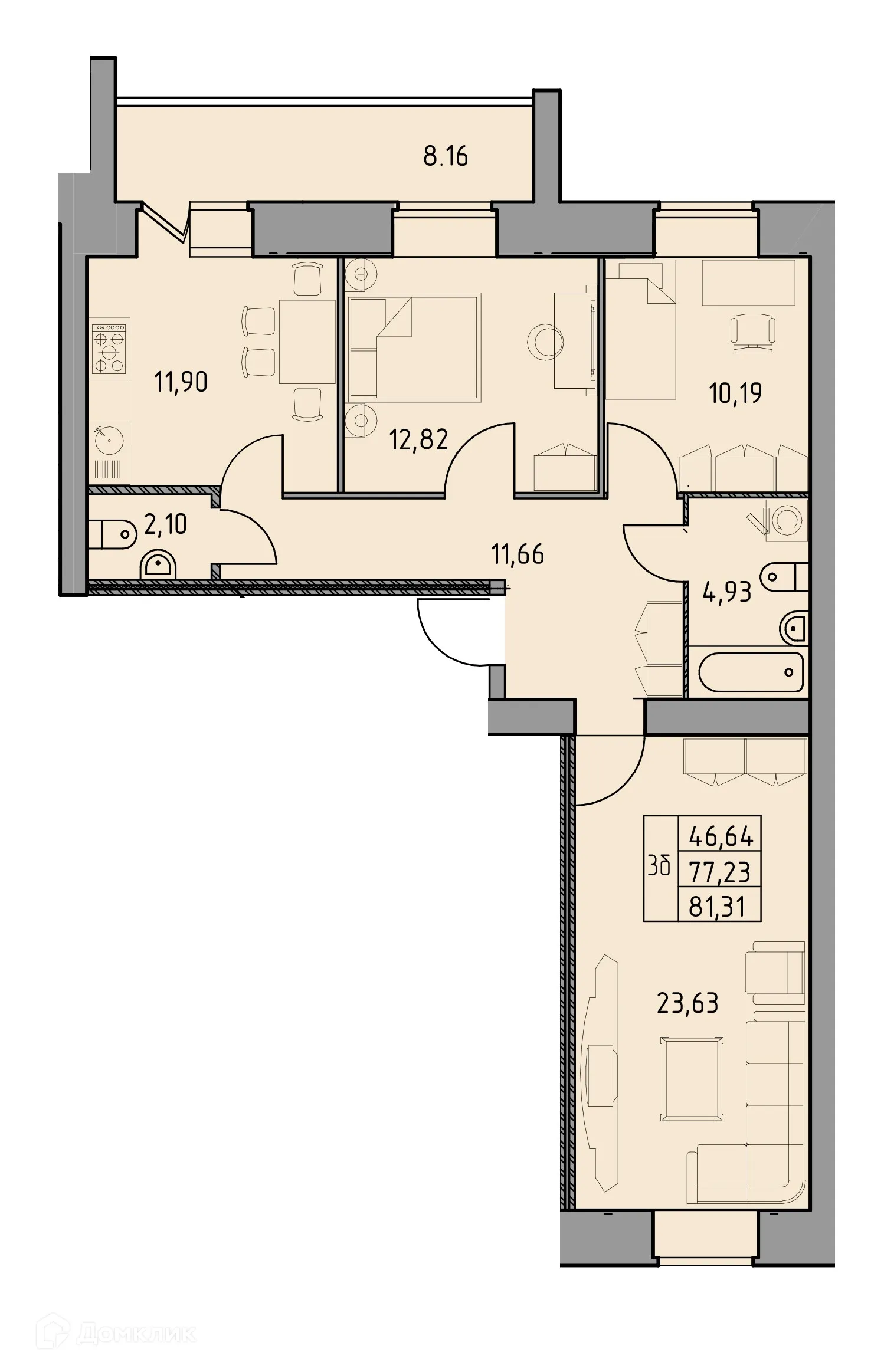 Планировка 3-комнатной квартиры 81.31 м² в ЖК Дом по ул Шашина 26, г. Октябрьский — фото 1