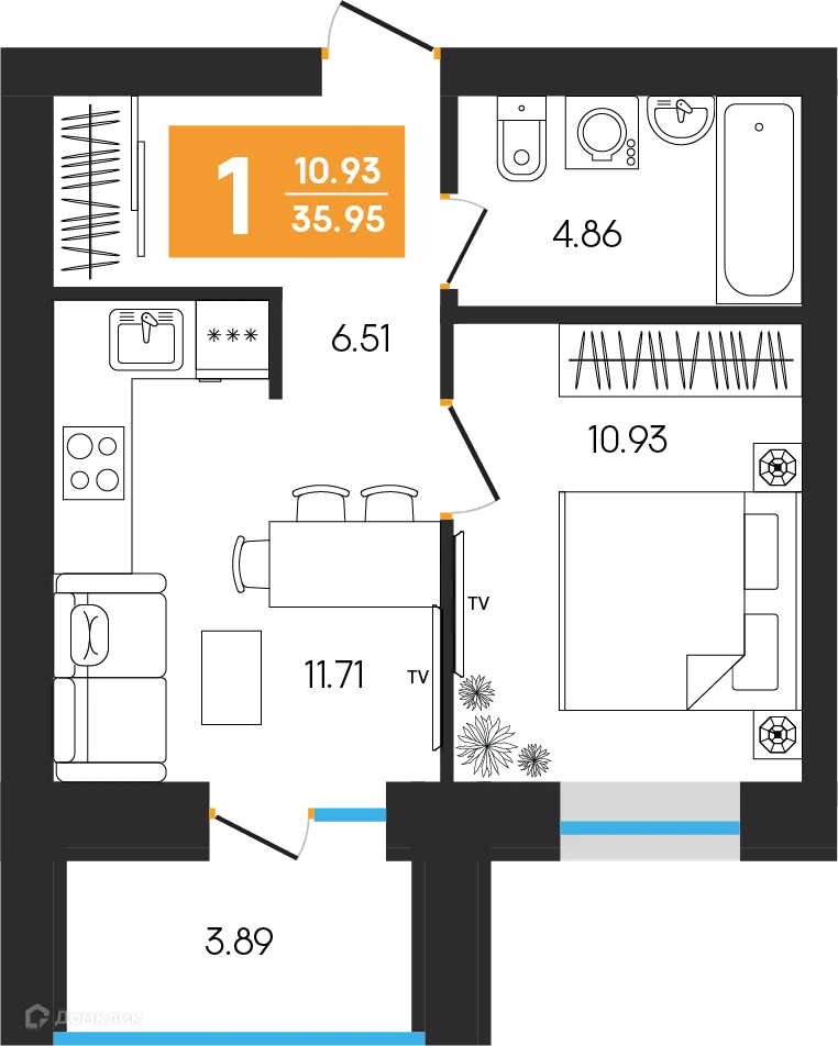 Планировка 1-комнатной квартиры 35.95 м² в ЖК Симфония, г. Октябрьский — фото 1