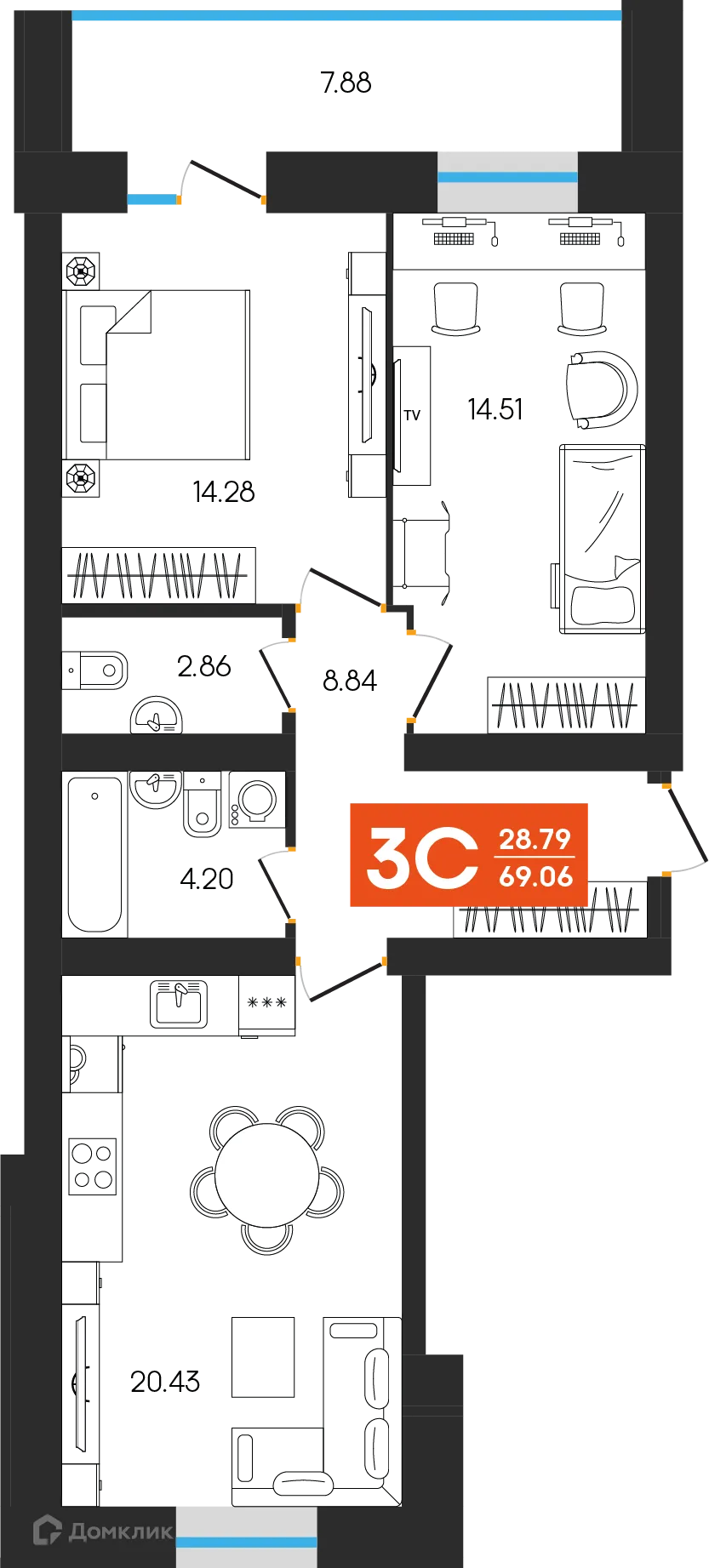 Планировка 3-комнатной квартиры 69.06 м² в ЖК Симфония, г. Октябрьский — фото 1