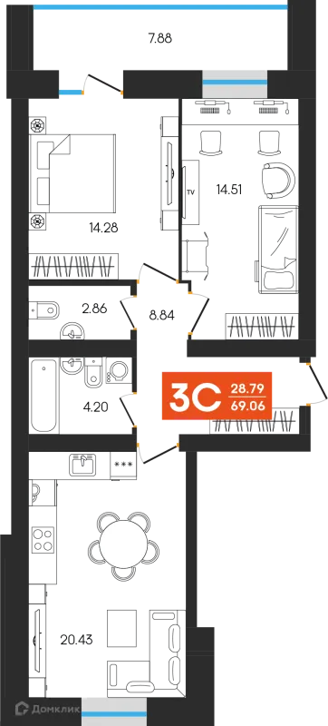 Планировка 3 комн. в ЖК Симфония