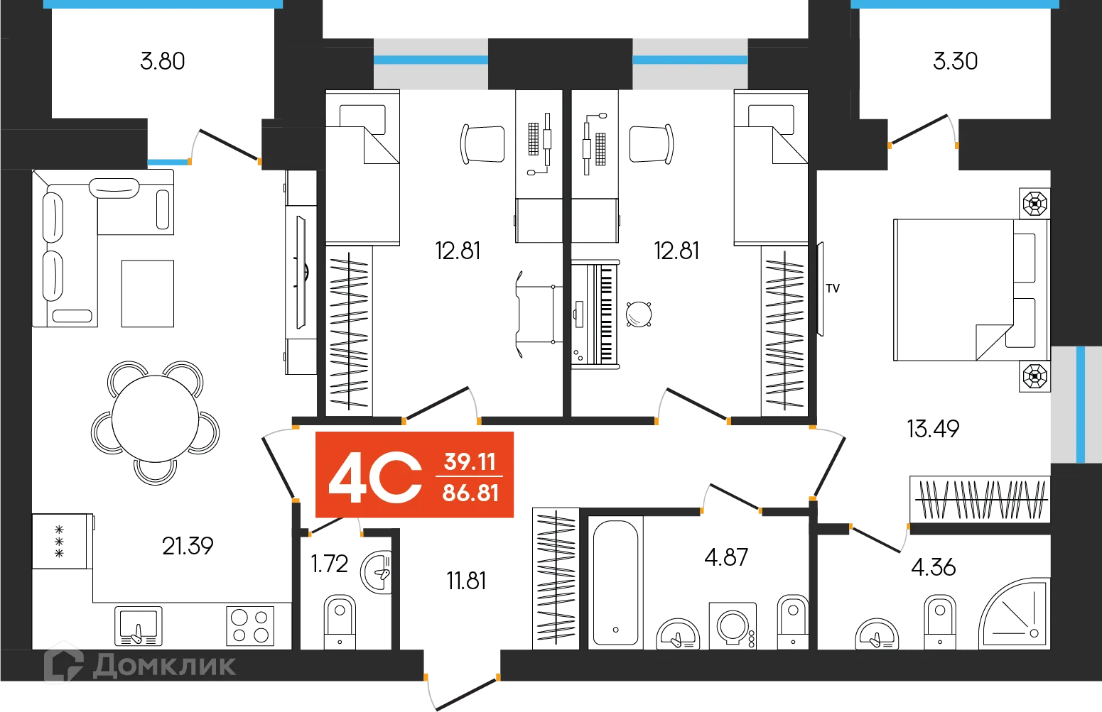 Планировка 4-комнатной квартиры 86.81 м² в ЖК Симфония, г. Октябрьский — фото 1