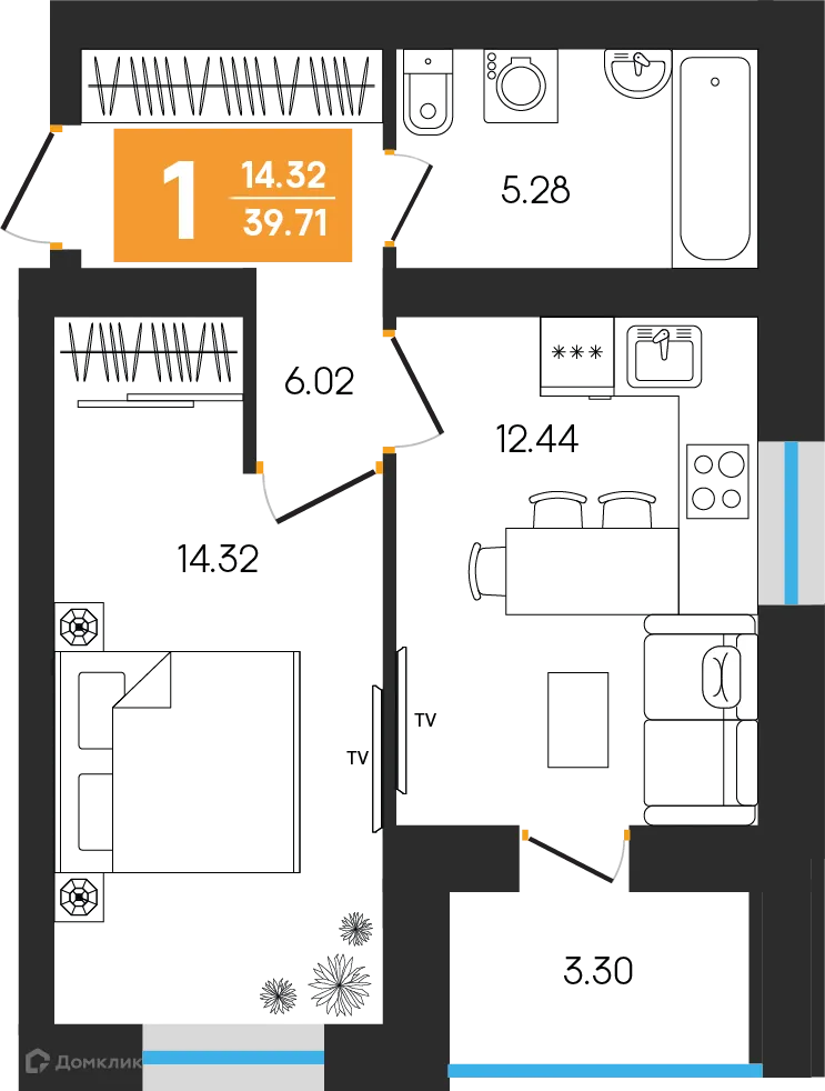 Планировка 1-комнатной квартиры 39.71 м² в ЖК Симфония, г. Октябрьский — фото 1