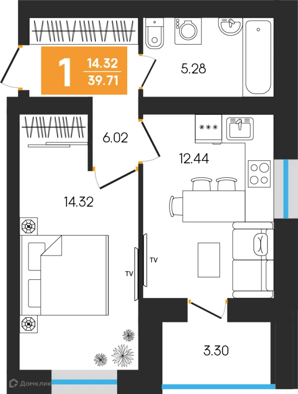 Планировка 1 комн. в ЖК Симфония