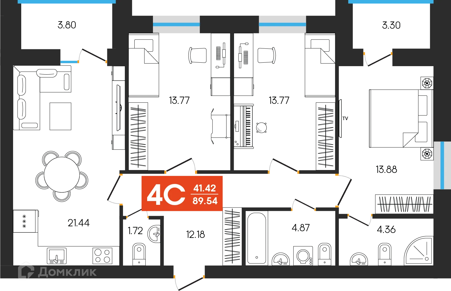 Планировка 4-комнатной квартиры 89.54 м² в ЖК Симфония, г. Октябрьский — фото 1