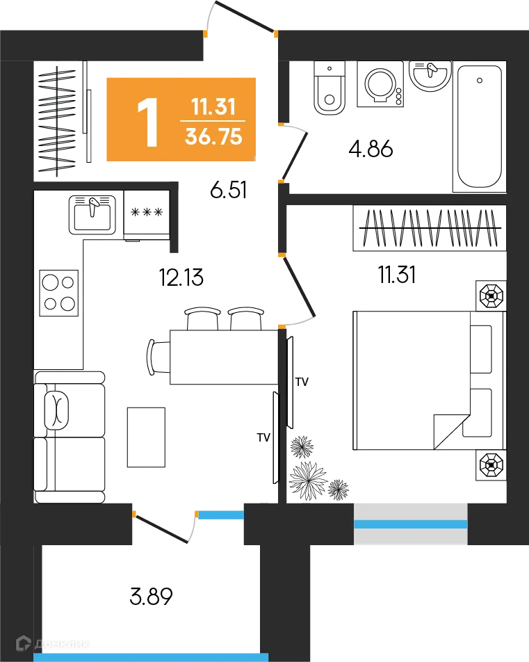 Планировка 1-комнатной квартиры 36.75 м² в ЖК Симфония, г. Октябрьский — фото 1