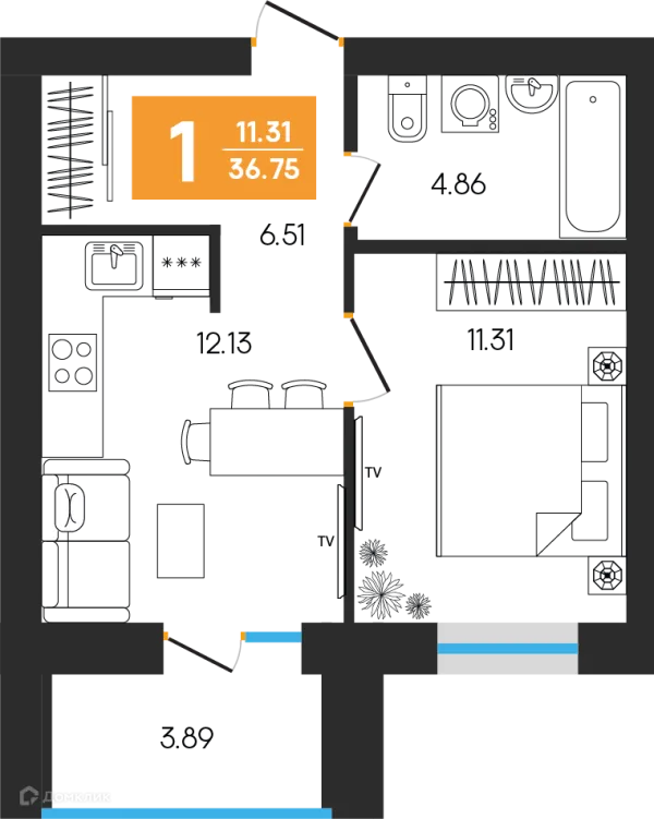 Планировка 1 комн. в ЖК Симфония
