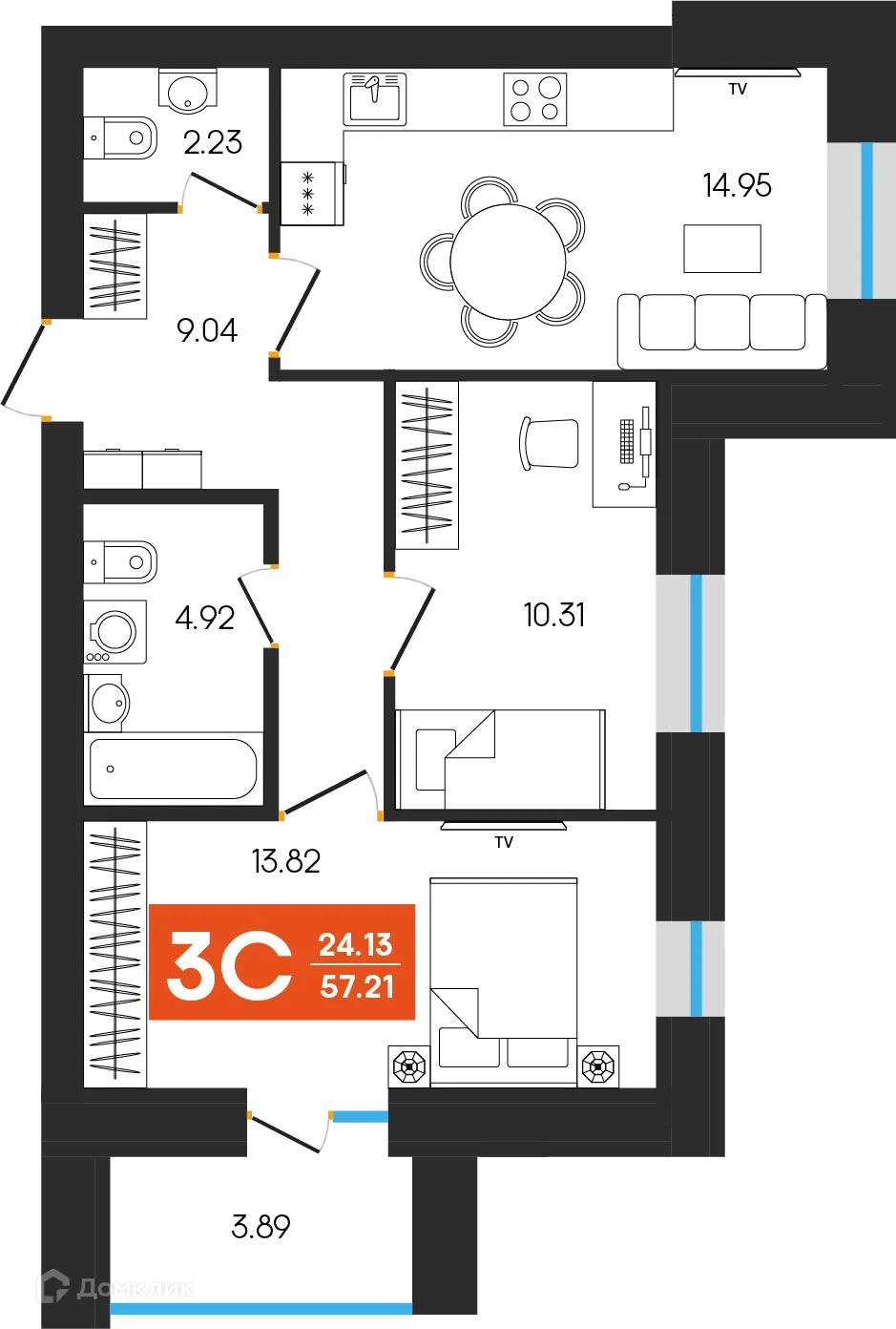 Планировка 3-комнатной квартиры 57.21 м² в ЖК Симфония, г. Октябрьский — фото 1