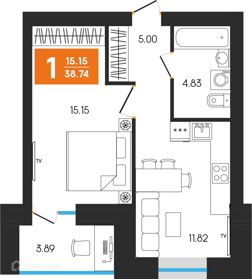 Планировка 1-комнатной квартиры 38.74 м² в ЖК Симфония, г. Октябрьский — фото 1