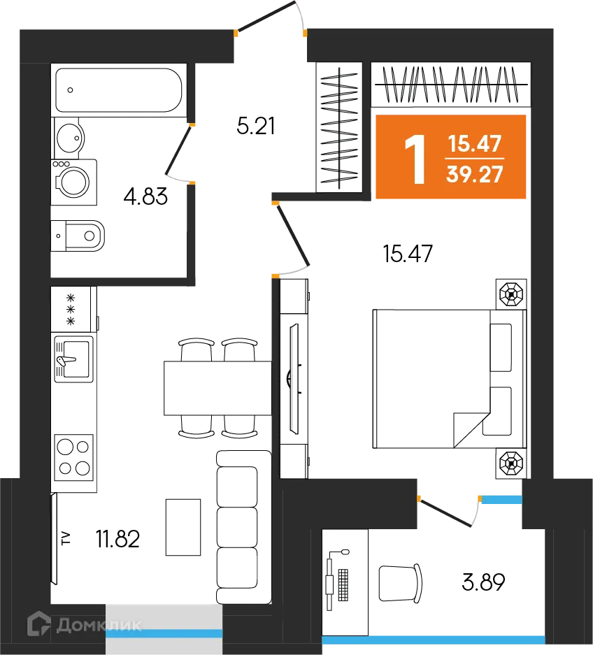 Планировка 1-комнатной квартиры 39.27 м² в ЖК Симфония, г. Октябрьский — фото 1