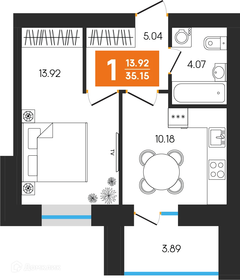 Планировка 1-комнатной квартиры 35.15 м² в ЖК Симфония, г. Октябрьский — фото 1