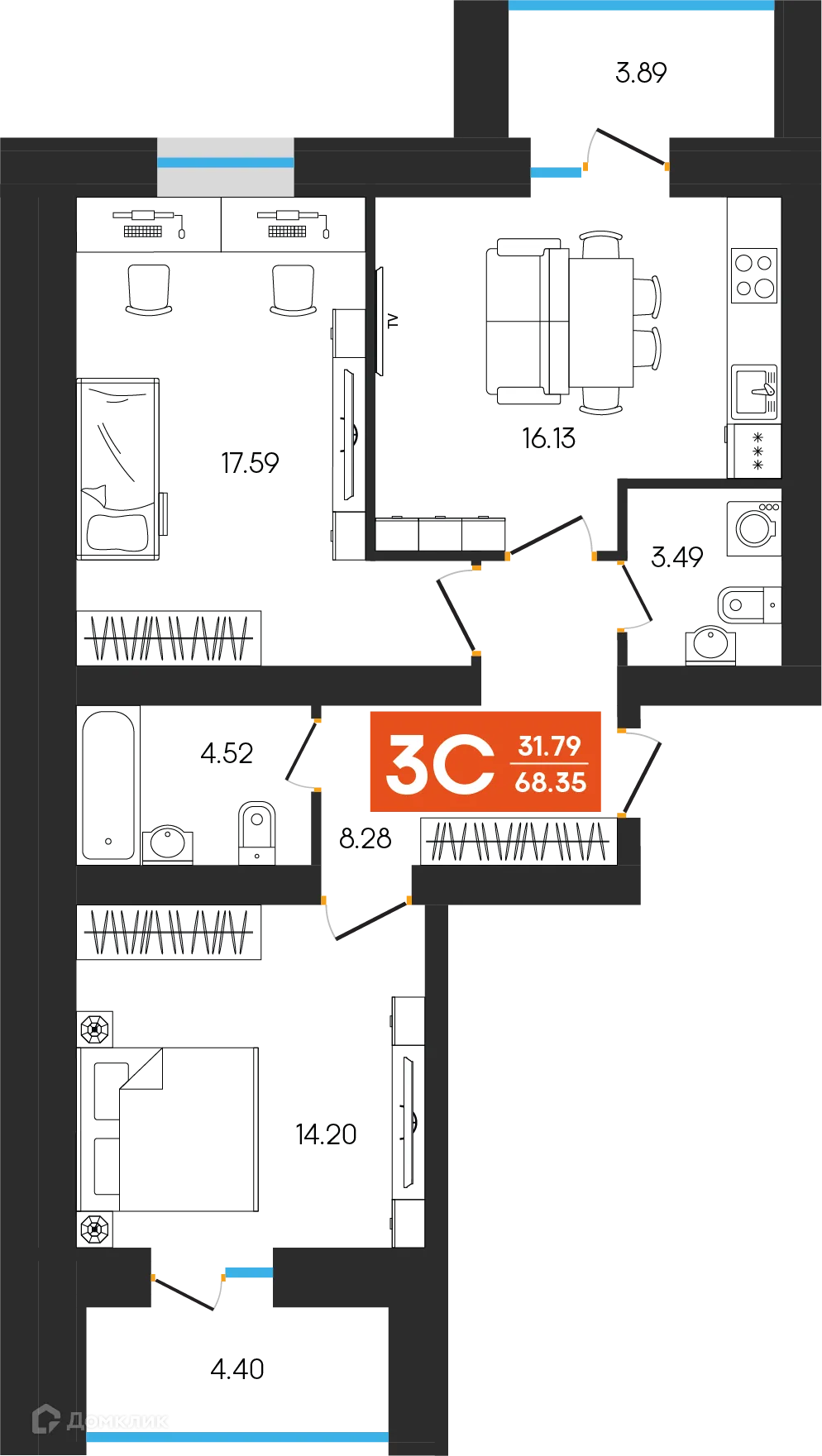 Планировка 3-комнатной квартиры 68.35 м² в ЖК Симфония, г. Октябрьский — фото 1