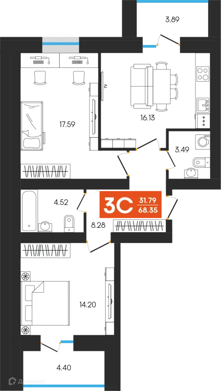 Планировка 3 комн. в ЖК Симфония