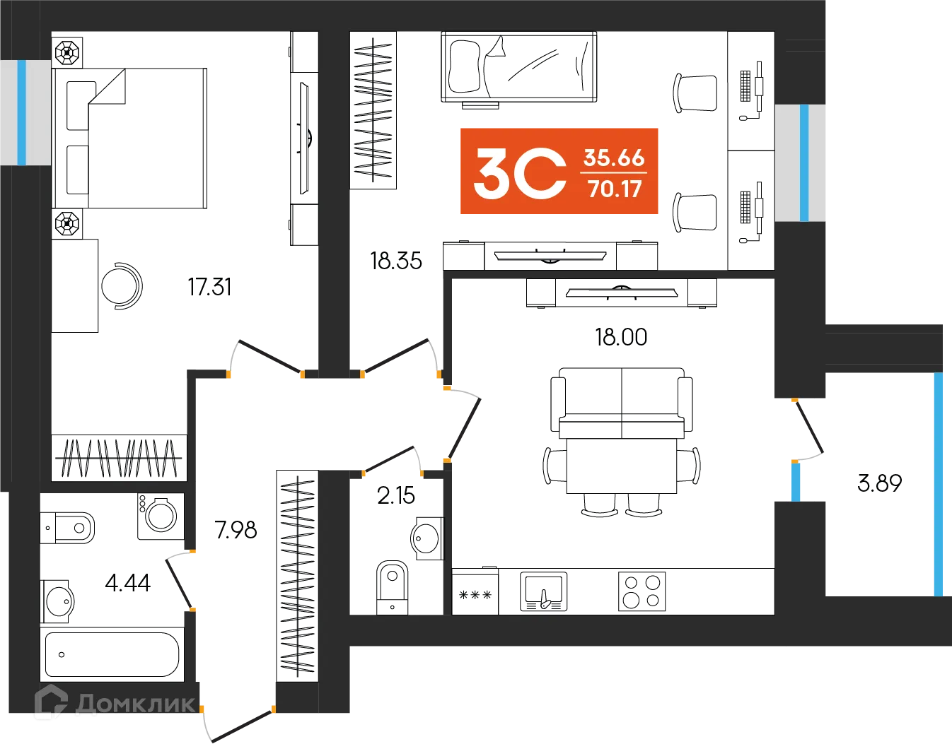 Планировка 3-комнатной квартиры 70.17 м² в ЖК Симфония, г. Октябрьский — фото 1