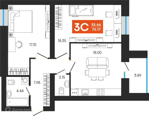 Планировка 3 комн. в ЖК Симфония