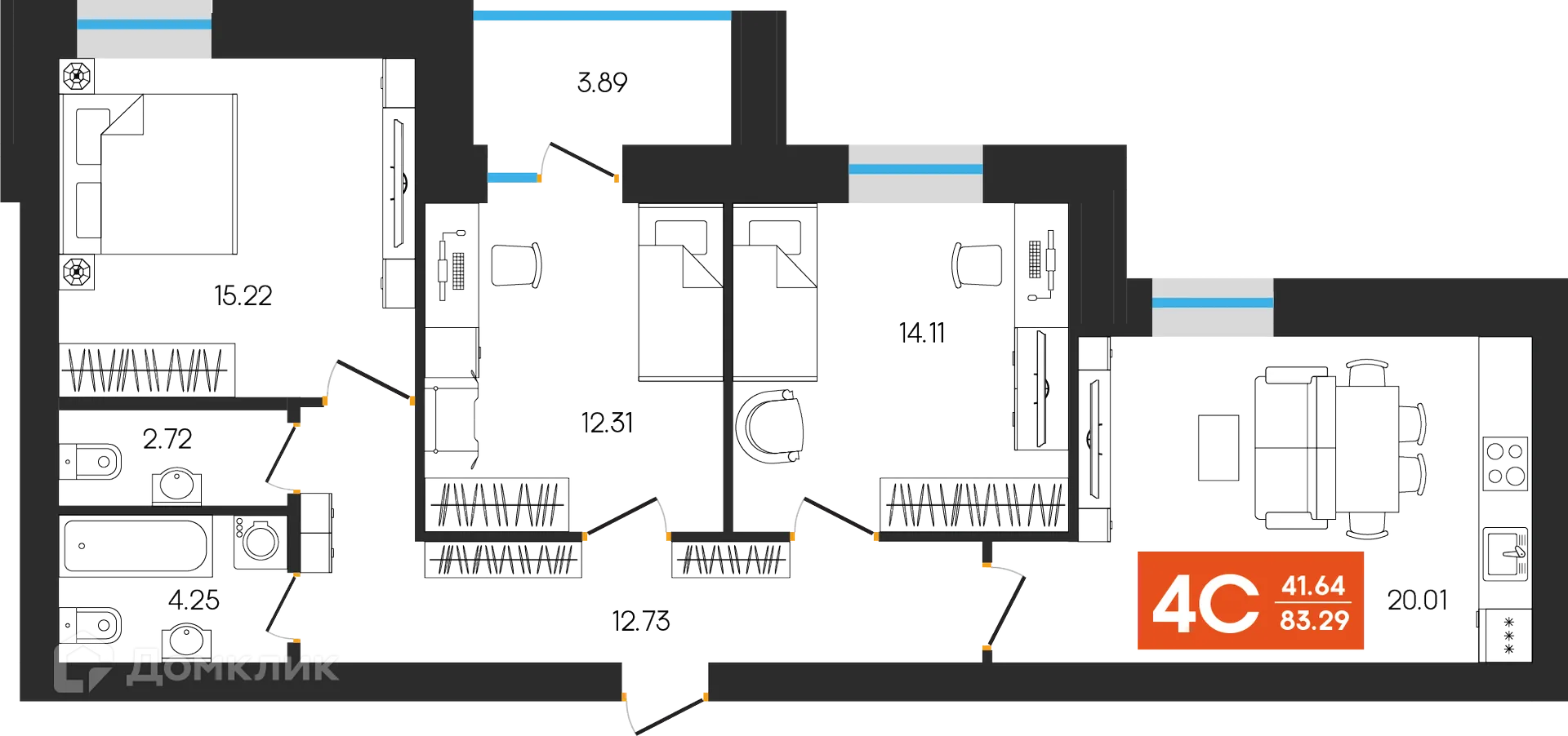 Планировка 4-комнатной квартиры 83.29 м² в ЖК Симфония, г. Октябрьский — фото 1