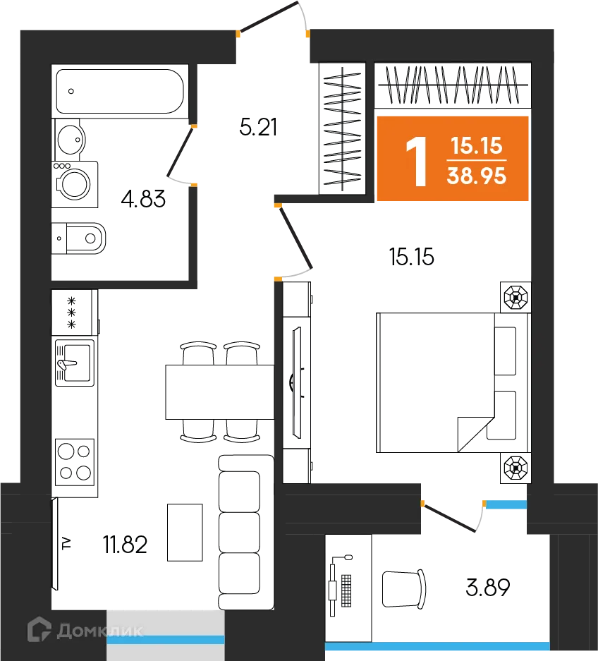 Планировка 1-комнатной квартиры 38.95 м² в ЖК Симфония, г. Октябрьский — фото 1