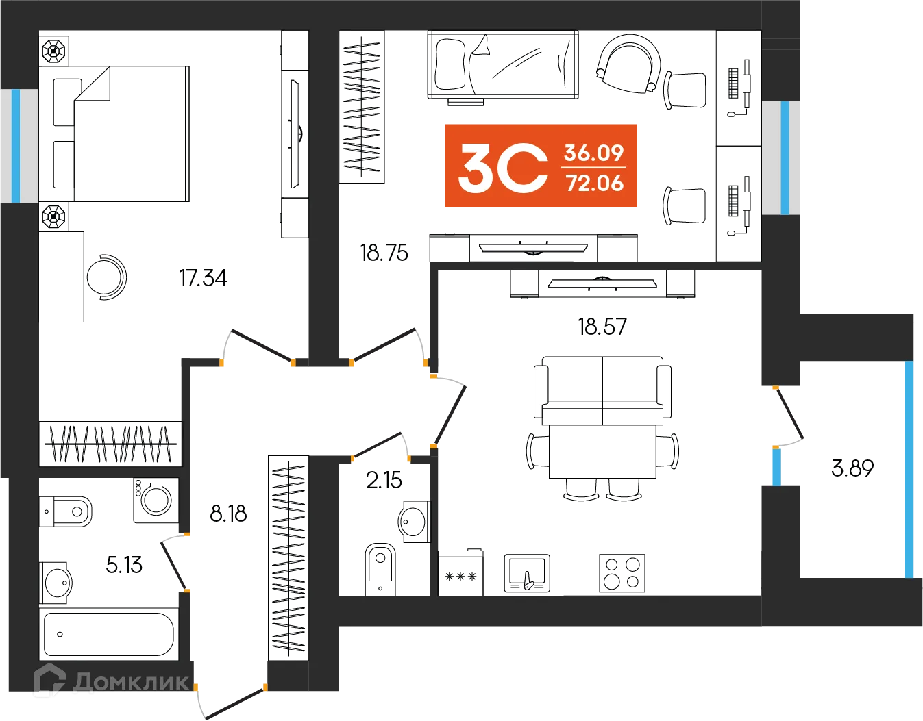Планировка 3-комнатной квартиры 72.06 м² в ЖК Симфония, г. Октябрьский — фото 1