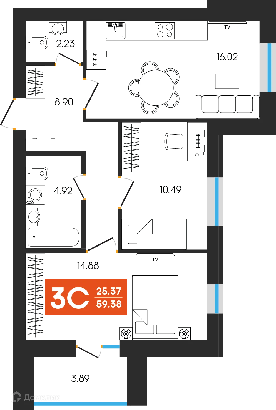 Планировка 3-комнатной квартиры 59.38 м² в ЖК Симфония, г. Октябрьский — фото 1