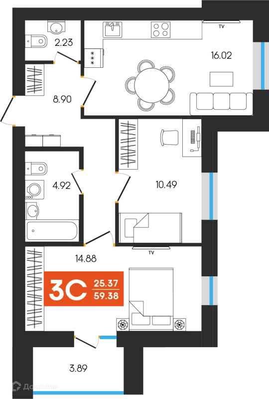 Планировка 3 комн. в ЖК Симфония