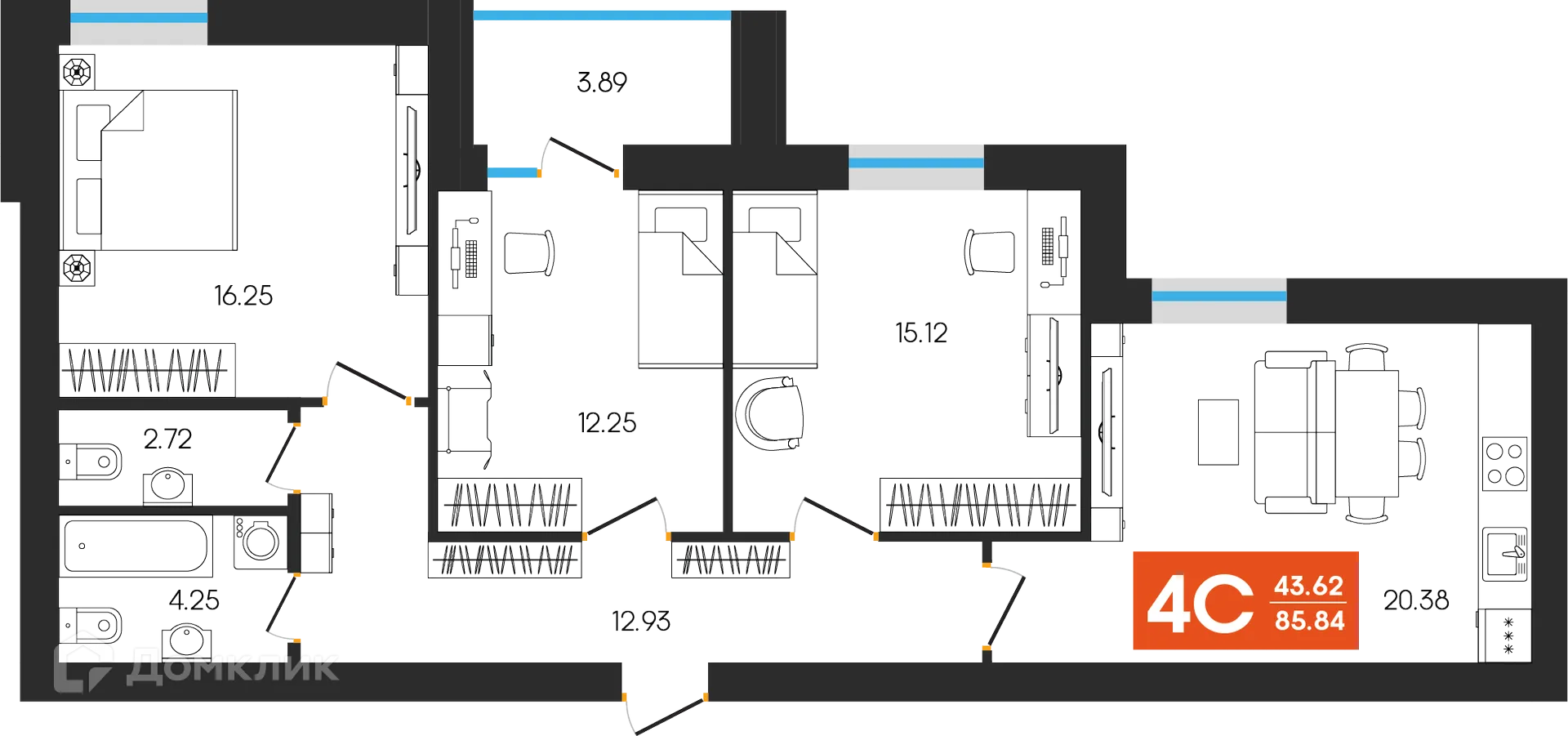 Планировка 4-комнатной квартиры 85.84 м² в ЖК Симфония, г. Октябрьский — фото 1