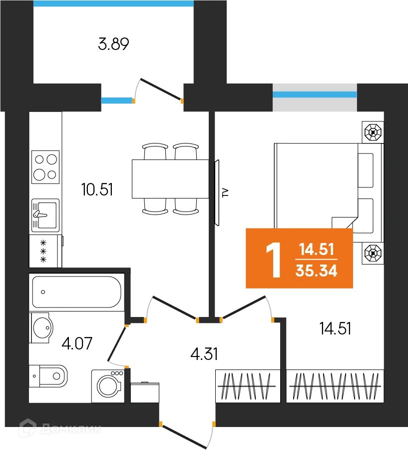 Планировка 1-комнатной квартиры 35.34 м² в ЖК Симфония, г. Октябрьский — фото 1