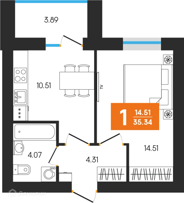 Планировка 1 комн. в ЖК Симфония