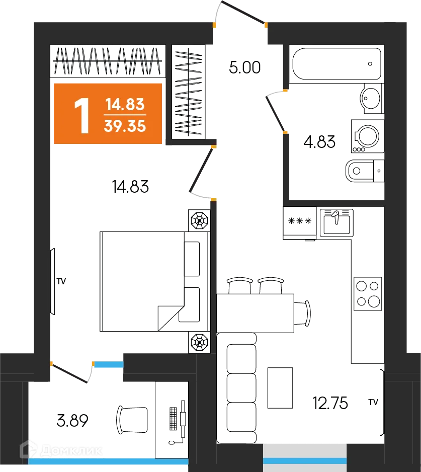 Планировка 1-комнатной квартиры 39.35 м² в ЖК Симфония, г. Октябрьский — фото 1